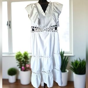 Elegant White Cut-Out Waist Ruffled Embroidered Boho Maxi Dress